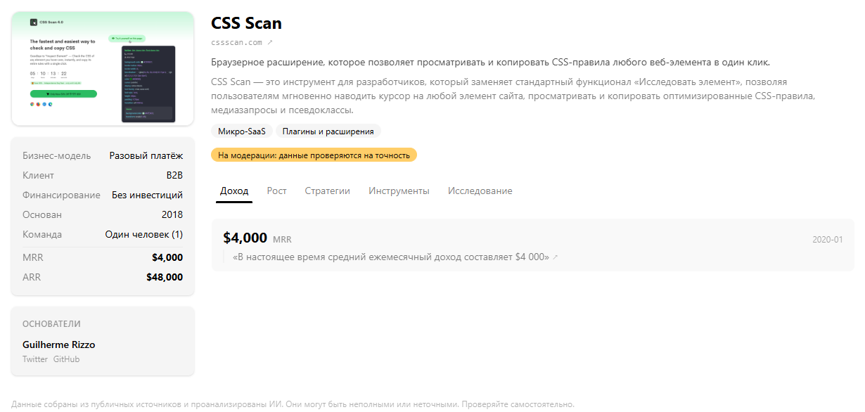 CSS Scan — браузерное расширение, $4 000 в месяц, разовая покупка